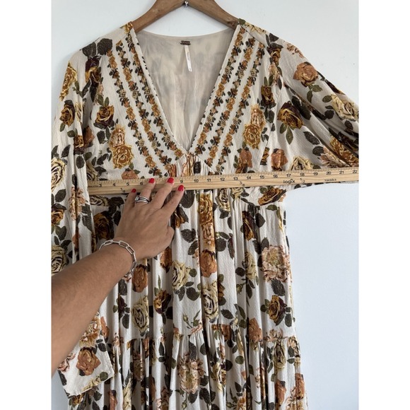 Free People Dress Rows of Roses Long Sleeve Boho Maxi Dress Women's Oversized - Picture 9 of 13